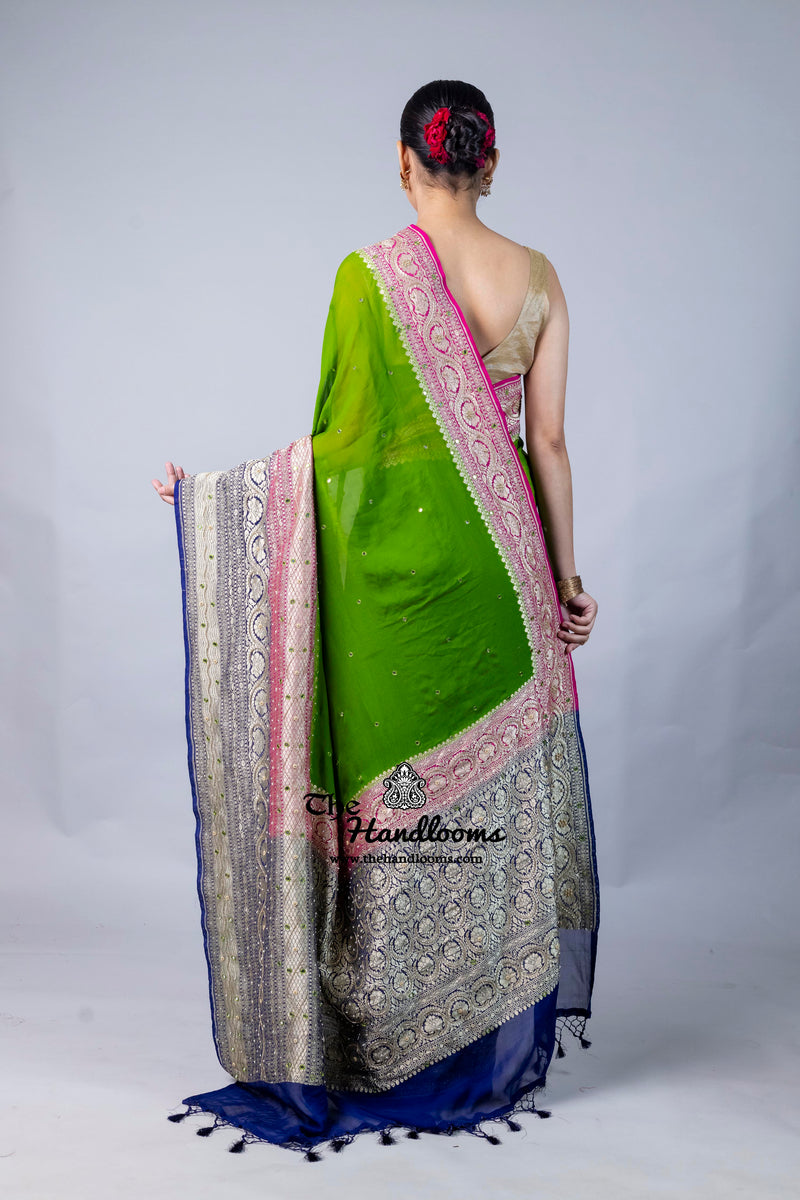 Khaddi Georgette Handloom Banarasi Saree with Handwork: Gota Patti, Zardozi, Diamond Chain, Katdana, and Abla Detailing
