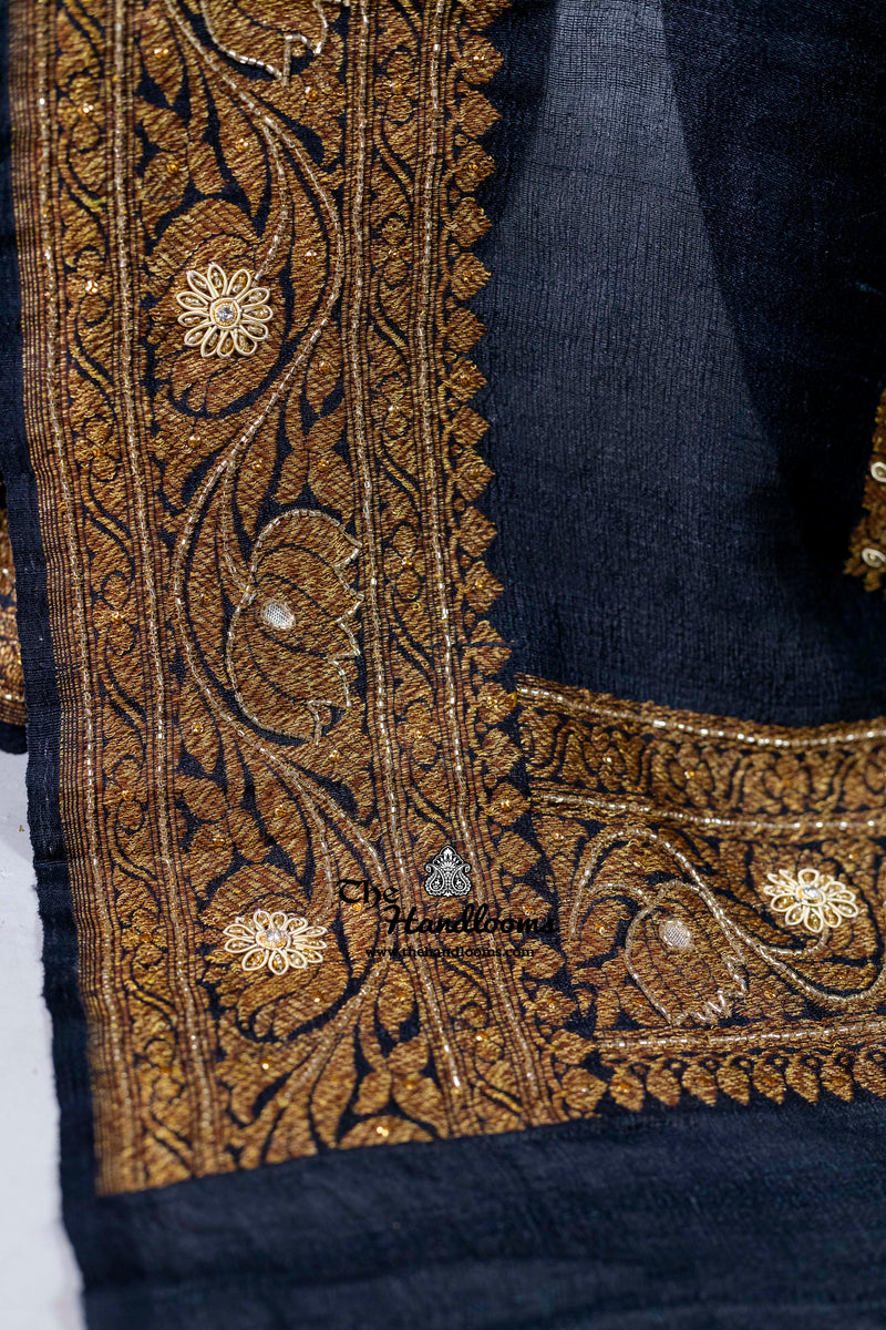 Pure Tussar Georgette Handloom Banarasi Saree with Handwork: Gota Patti, Zardozi, Diamond Chain, Katdana, and Abla Detailing
