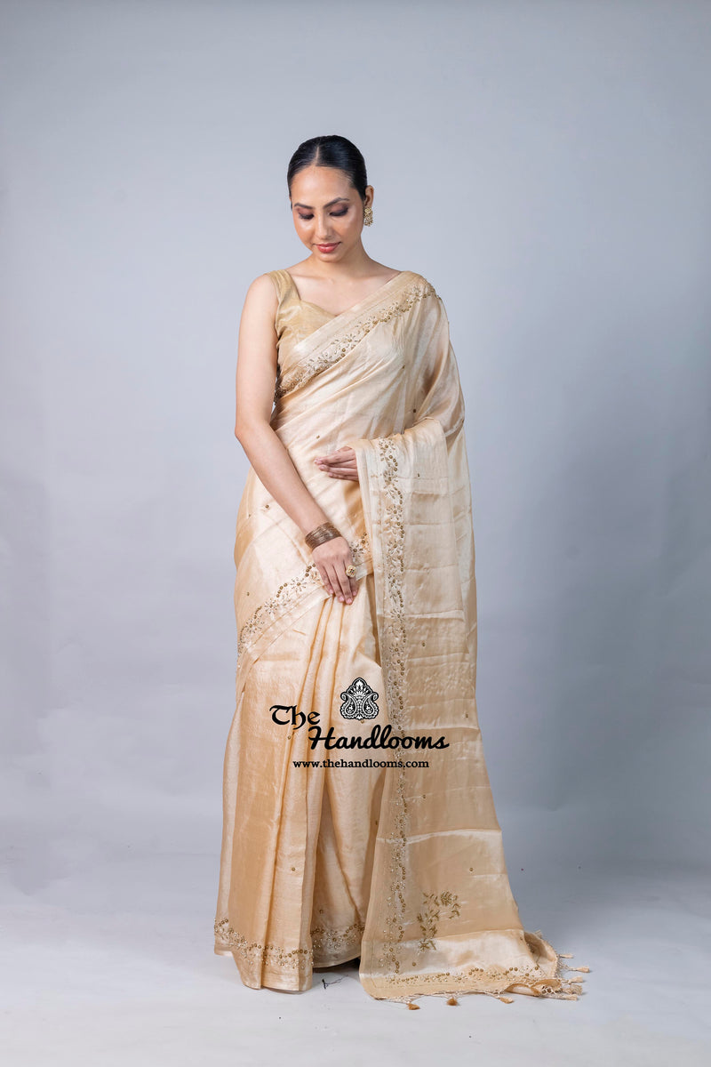 Pure Tussar Silk Handloom Banarasi Saree With Handwork