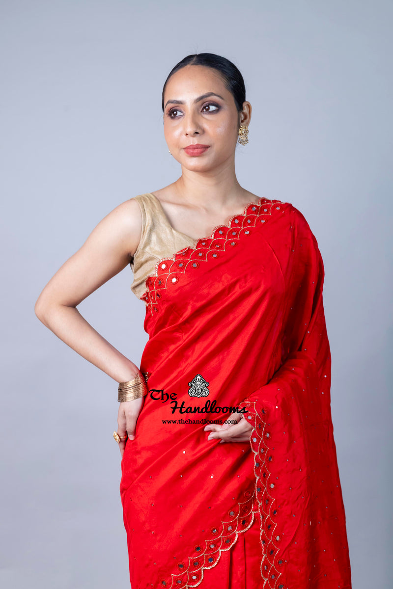 Pure katan Silk Handloom Banarasi Saree with Handwork: Zardozi, Diamond Chain, Katdana, and Abla Detailing