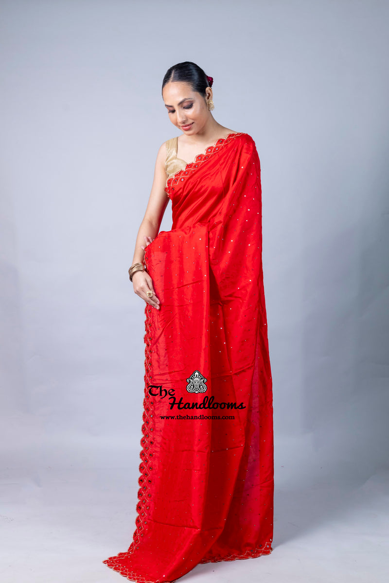 Pure katan Silk Handloom Banarasi Saree with Handwork: Zardozi, Diamond Chain, Katdana, and Abla Detailing