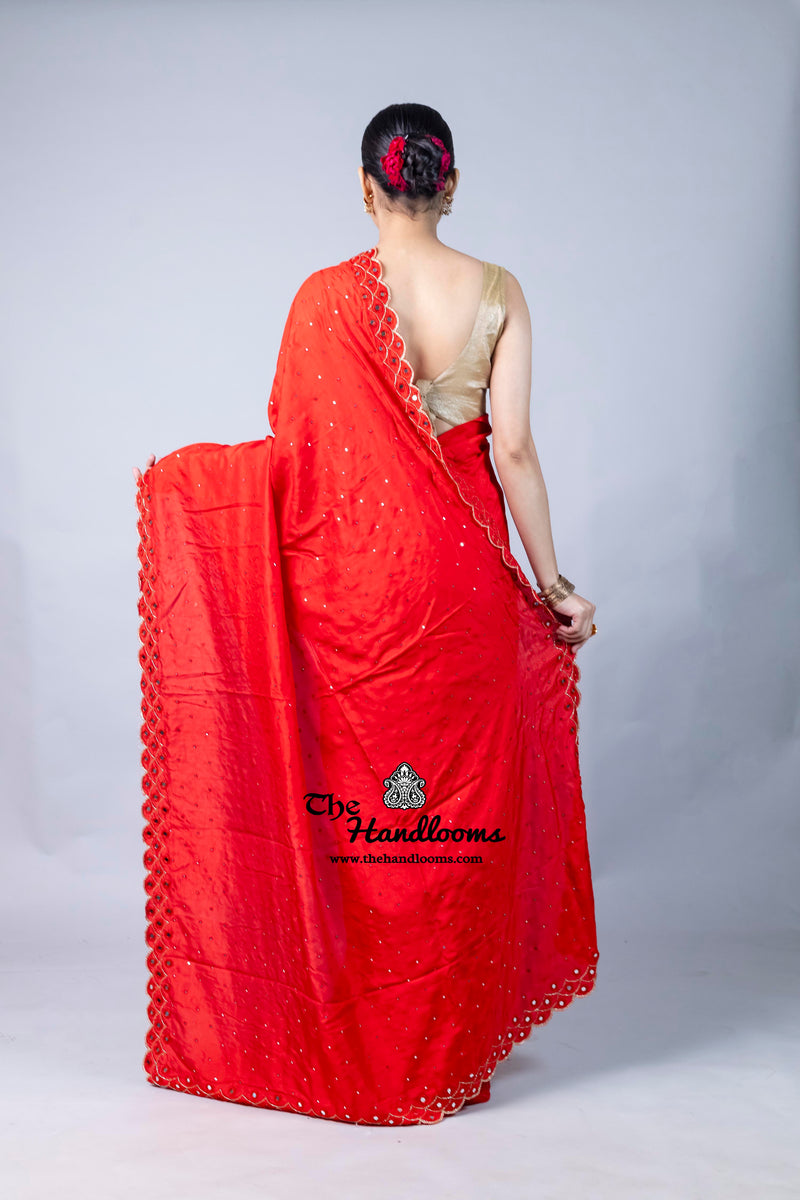 Pure katan Silk Handloom Banarasi Saree with Handwork: Zardozi, Diamond Chain, Katdana, and Abla Detailing