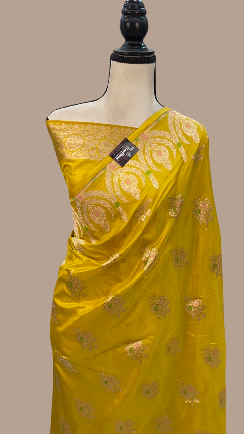 Mustard Yellow Pure Katan Silk Banarasi Handloom Saree - All over Jaal work with Meenakari - The Handlooms