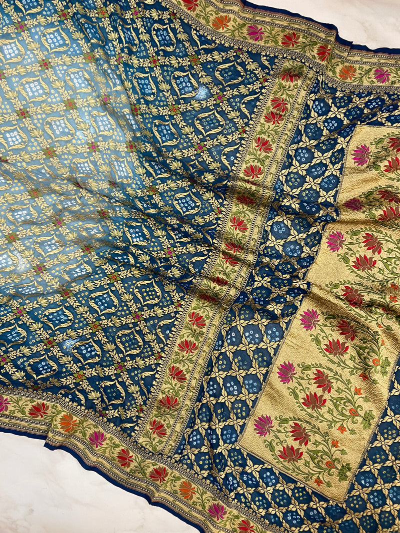 Pure Georgette Banarasi Bandhej Handloom Saree - Meenakari