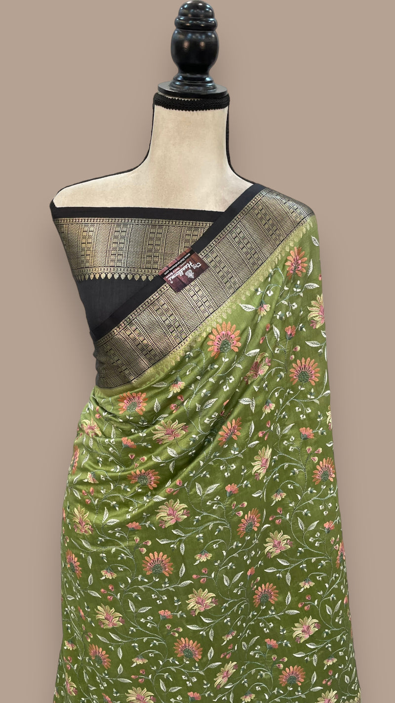 Pure Chiniya Silk Handloom Banarasi Saree with Chikankari - The Handlooms
