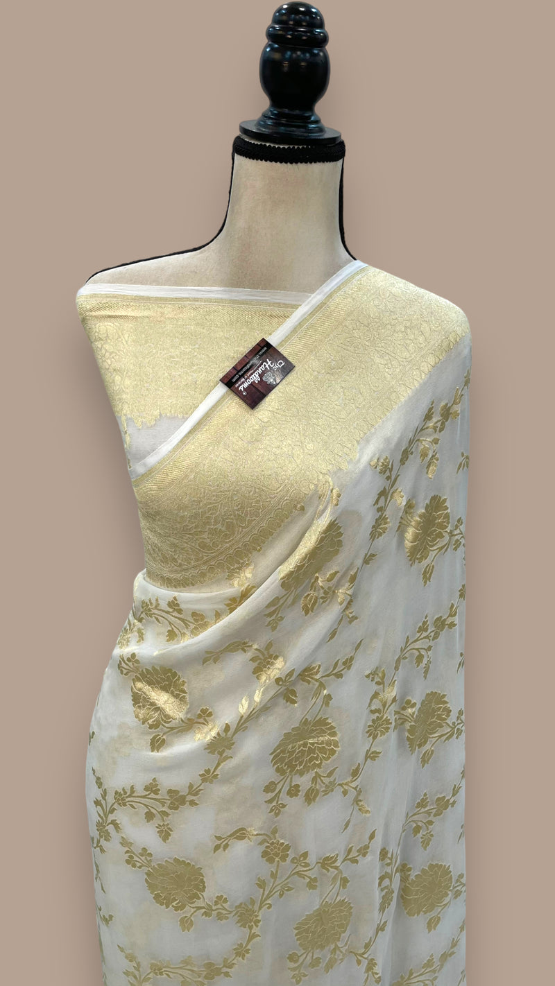 Pure Khaddi Georgette Handloom Banarasi Saree with water zari - The Handlooms