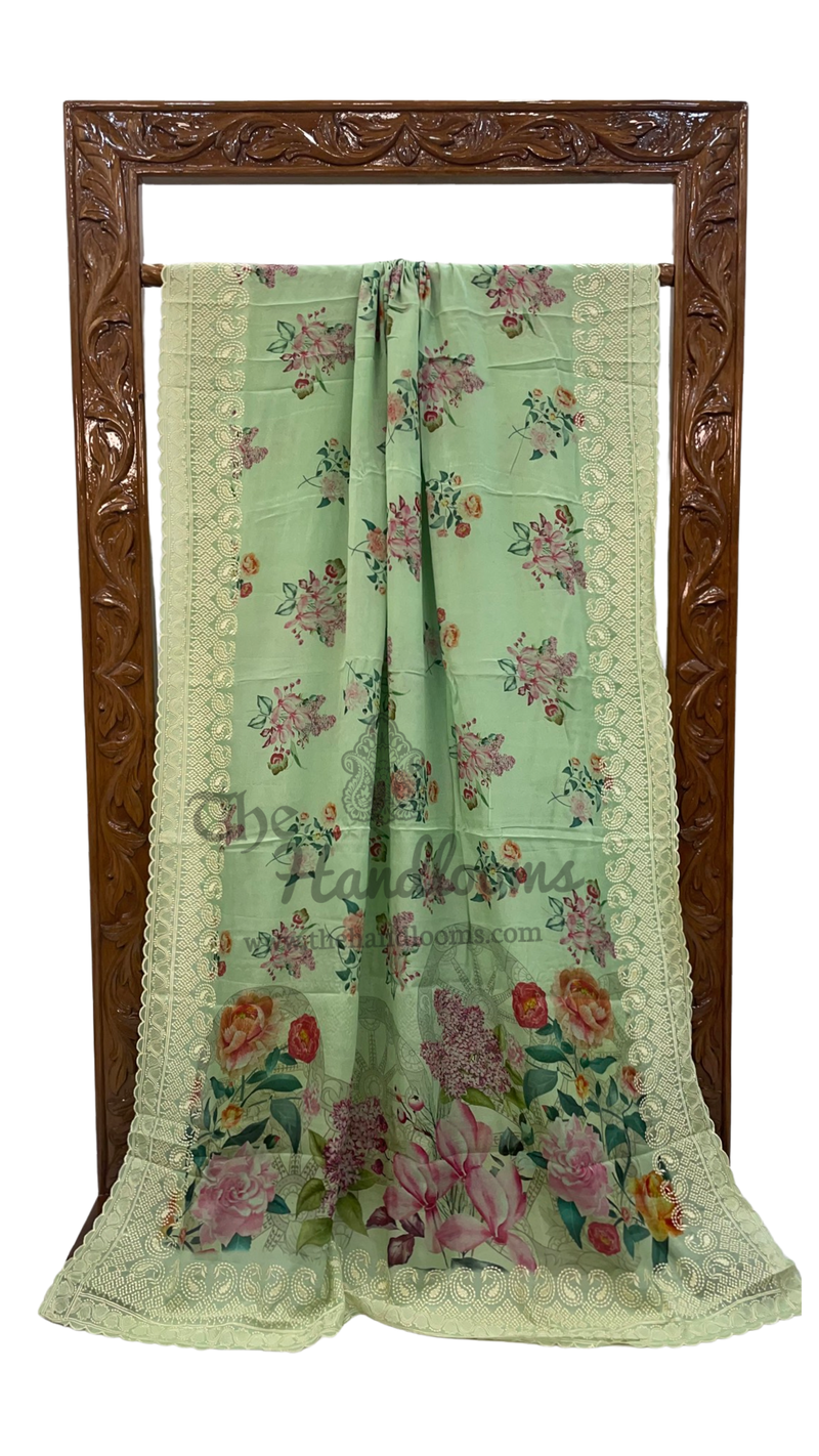 Pure Georgette Digital Print with Chikankari Handloom Banarasi Saree - The Handlooms