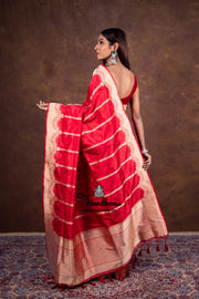 Red Pure Katan Silk Banarasi Handloom Saree - All over Kadua Stripe - The Handlooms