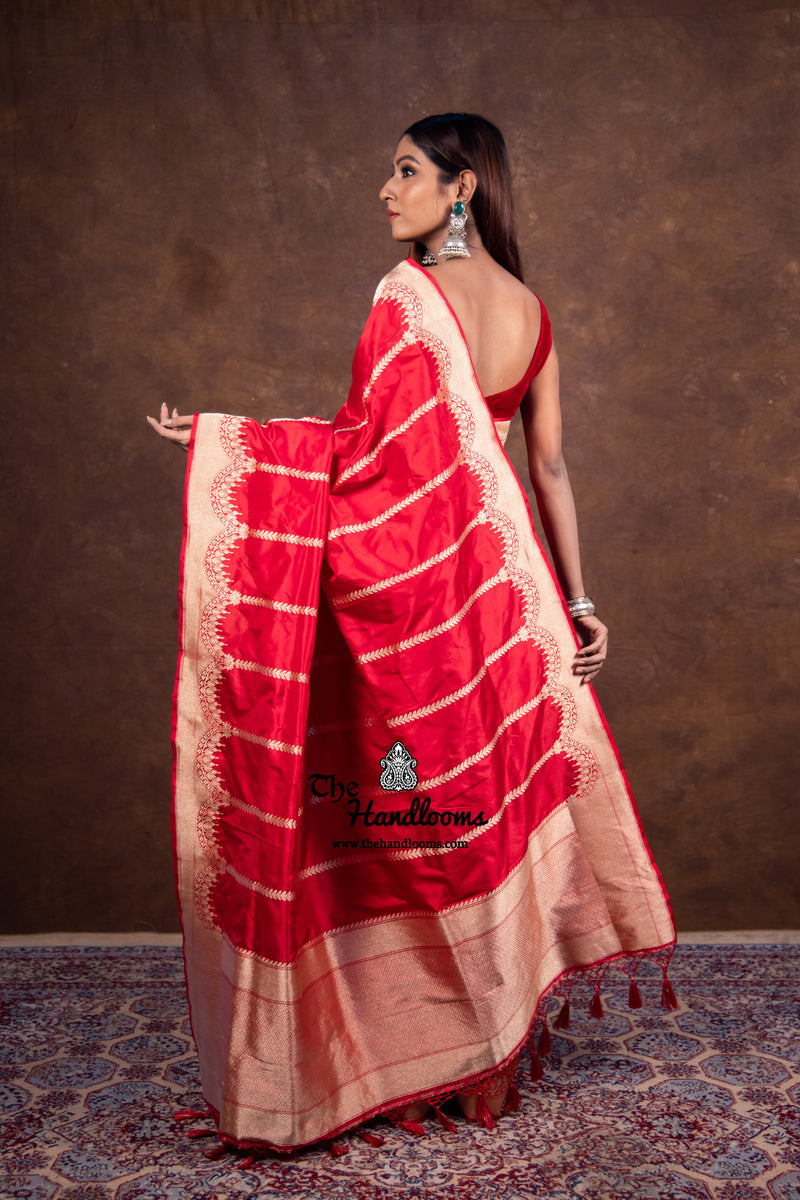 Red Pure Katan Silk Banarasi Handloom Saree - All over Kadua Stripe - The Handlooms