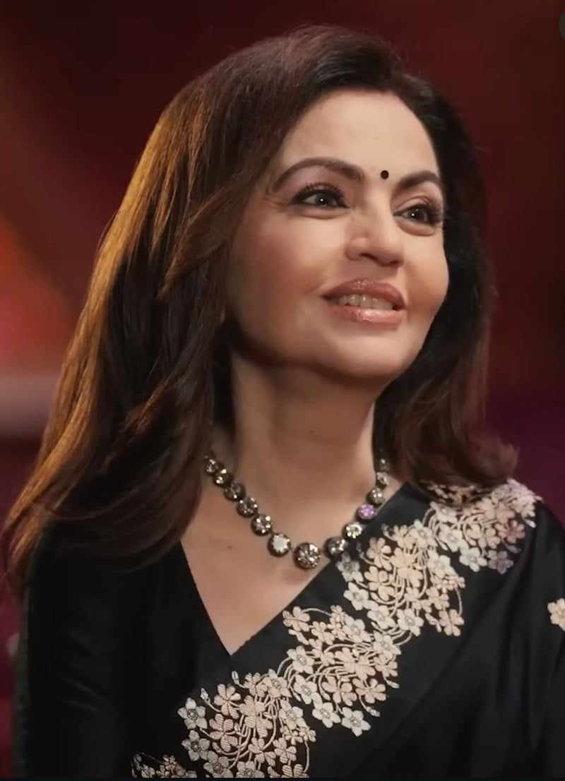 Nita Ambani in Black Pure Katan Silk Banarasi Handloom Saree - All Over Sona Roopa Motifs - The Handlooms