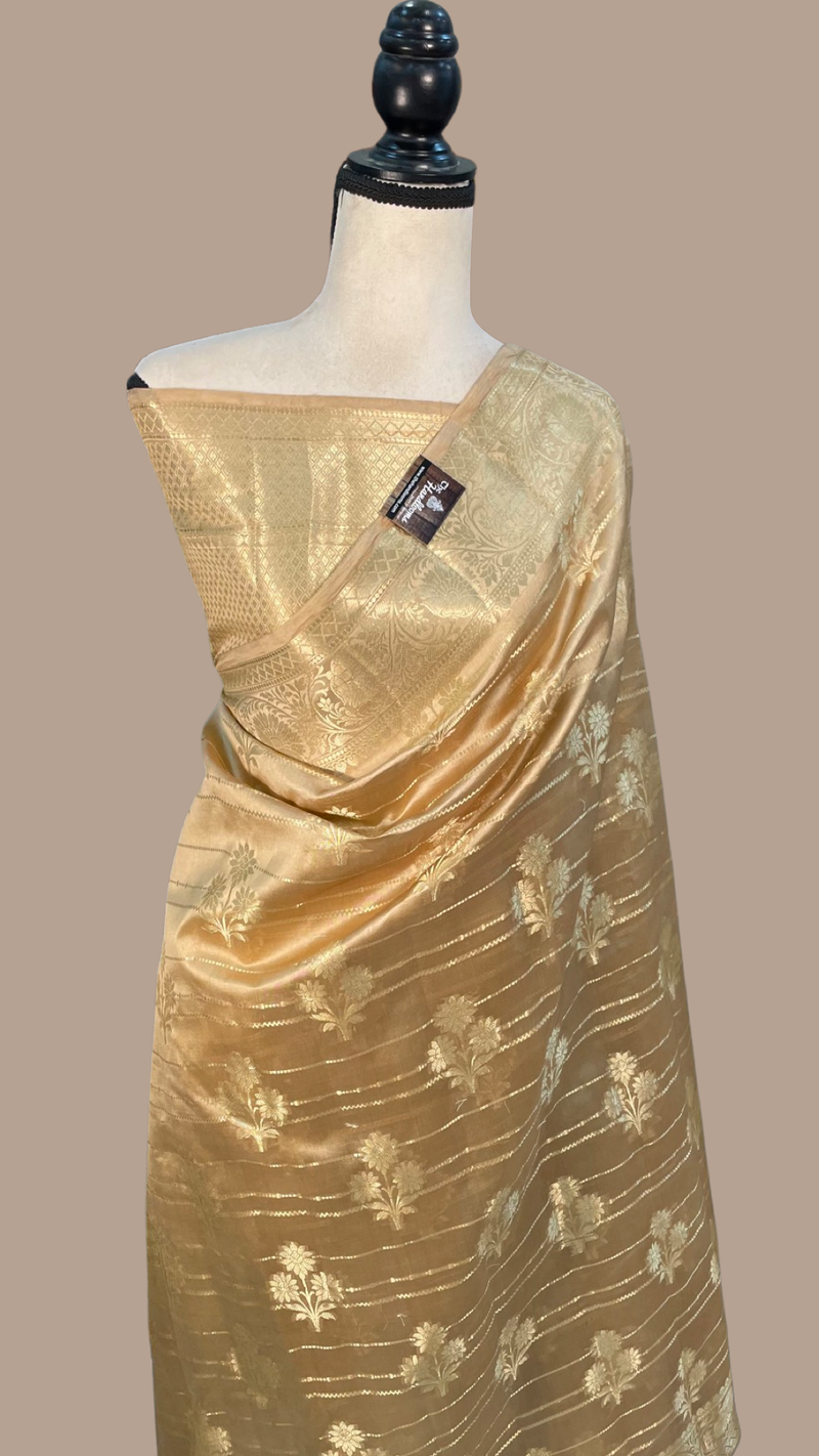 Cream Pure Dupion Silk Banarasi Saree - Gold Zari - The Handlooms