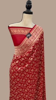 Red Pure Khaddi Georgette Handloom Banarasi Saree - The Handlooms