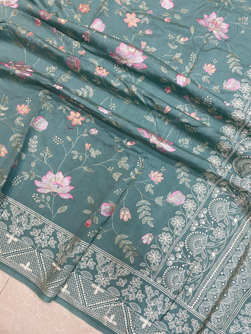 Pure Chiniya Silk Handloom Banarasi Saree With Chikankari - The Handlooms