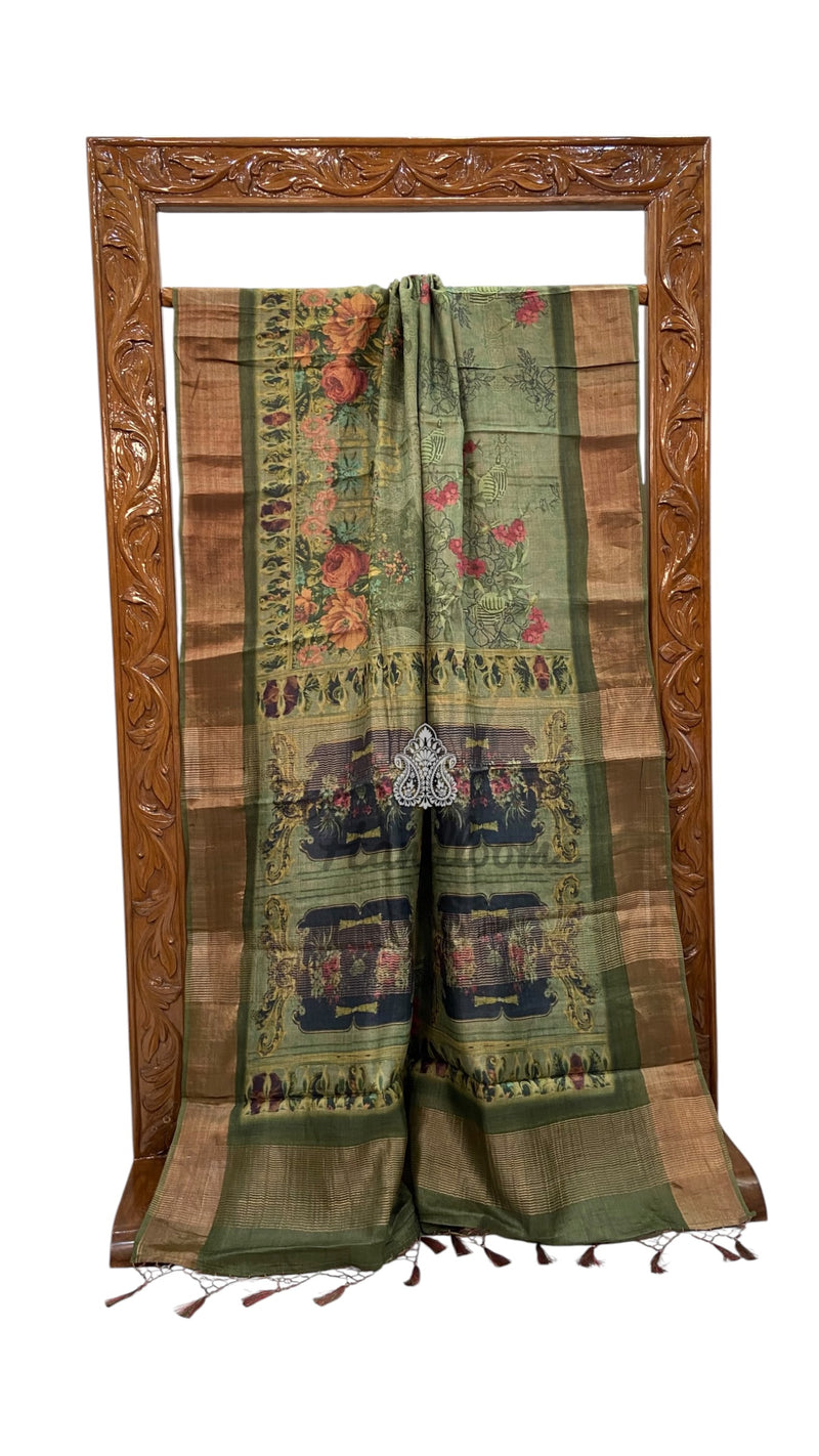 Pure Tussar Silk Handloom Banarasi Saree With Digital Print