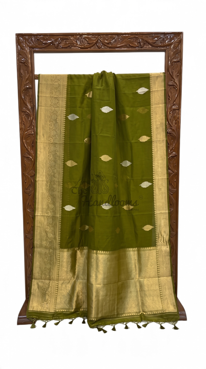 Dark Olive Green Pure Kora Handloom Banarasi Saree - Sona Roopa Alfi Kadua Boota - The Handlooms