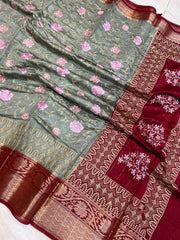 Pure Chiniya Silk Handloom Banarasi Saree With Chikankari - The Handlooms