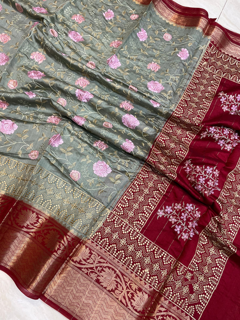 Pure Chiniya Silk Handloom Banarasi Saree With Chikankari - The Handlooms