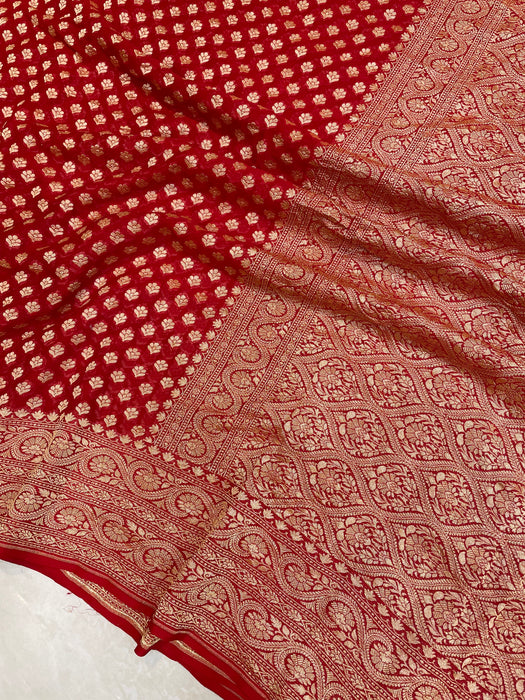 Red Khaddi Georgette Banarasi Saree -  Gold zari - The Handlooms
