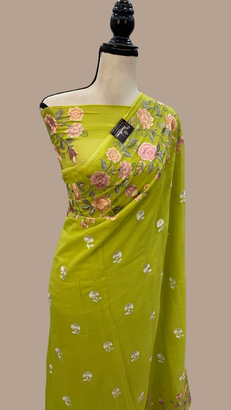 Pure Georgette Chikankari Handloom Banarasi Saree - The Handlooms