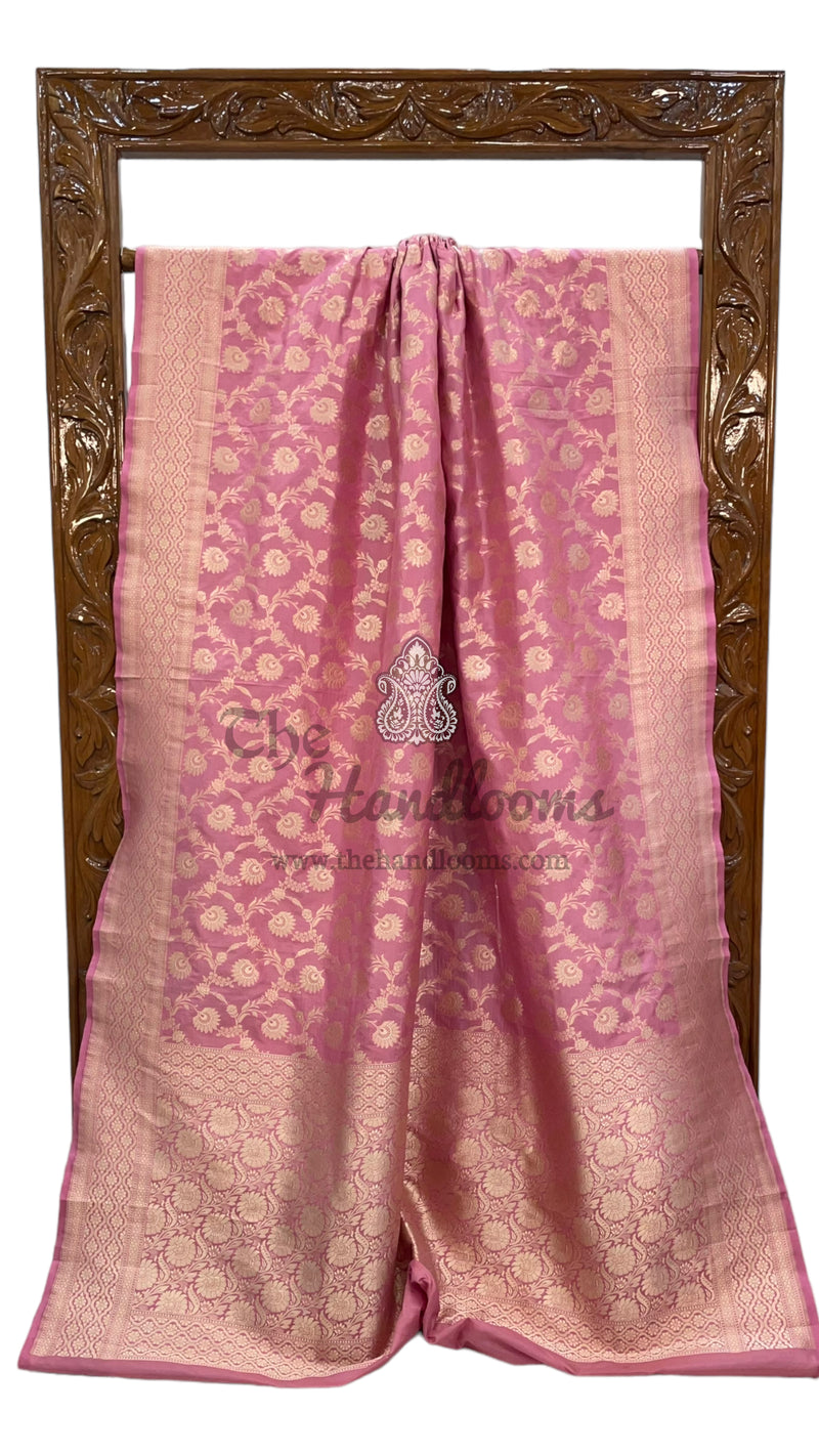 Onion Pink Pure Katan Silk Banarasi Handloom Saree - All over Jaal work - The Handlooms