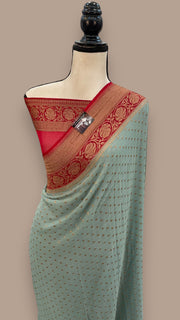 Pista Green Khadki Georgette Handloom Banarasi Saree - The Handlooms