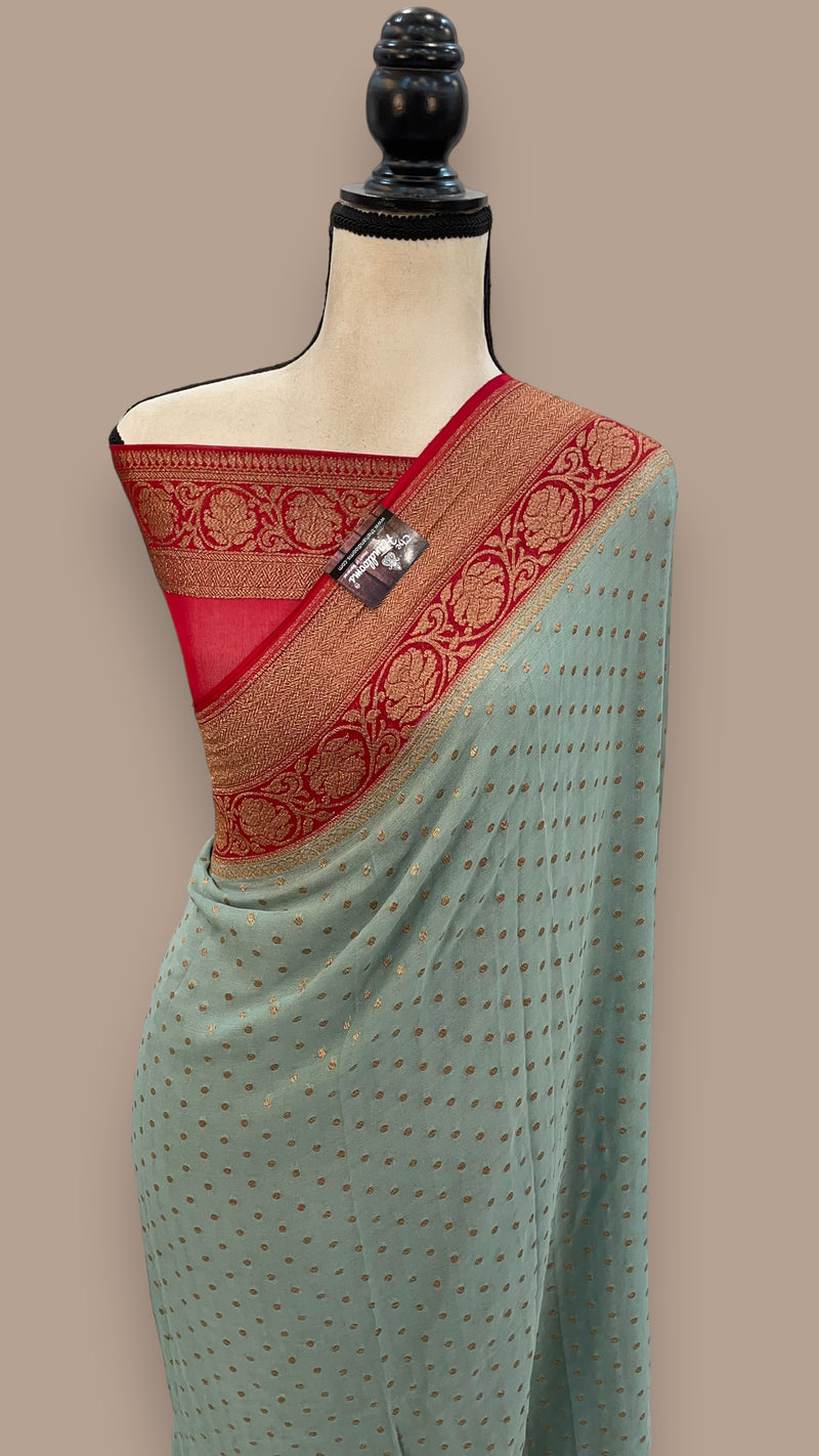 Pista Green Khadki Georgette Handloom Banarasi Saree - The Handlooms