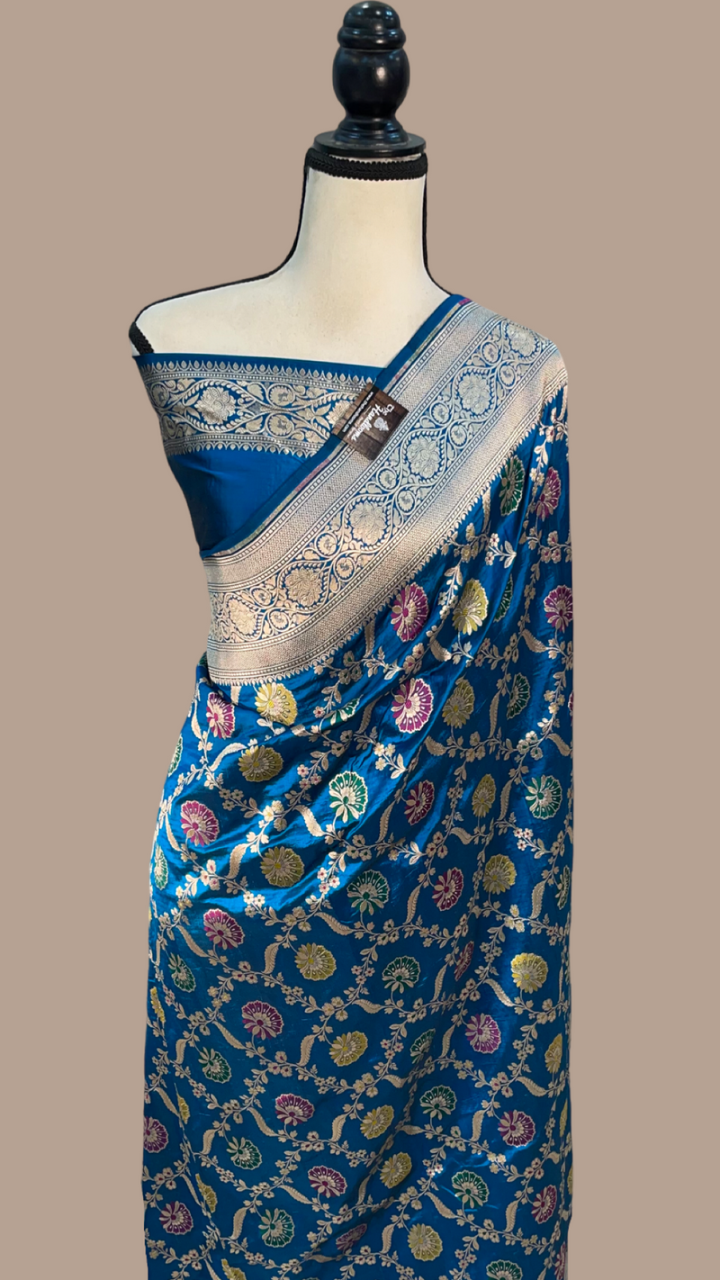 German Blue Pure Katan Silk Banarasi Handloom Saree - All over Jaal work - With Meenakari - The Handlooms