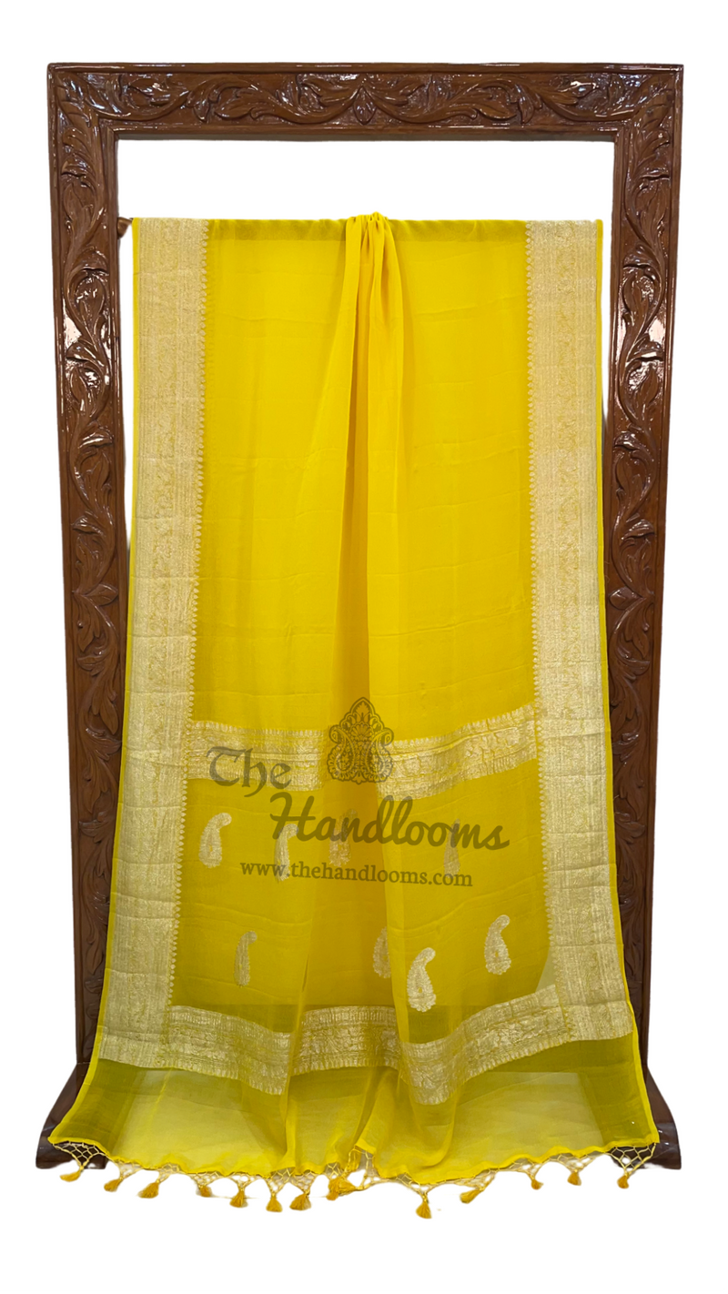 Pure Georgette Banarasi Handloom Saree - Yellow - The Handlooms