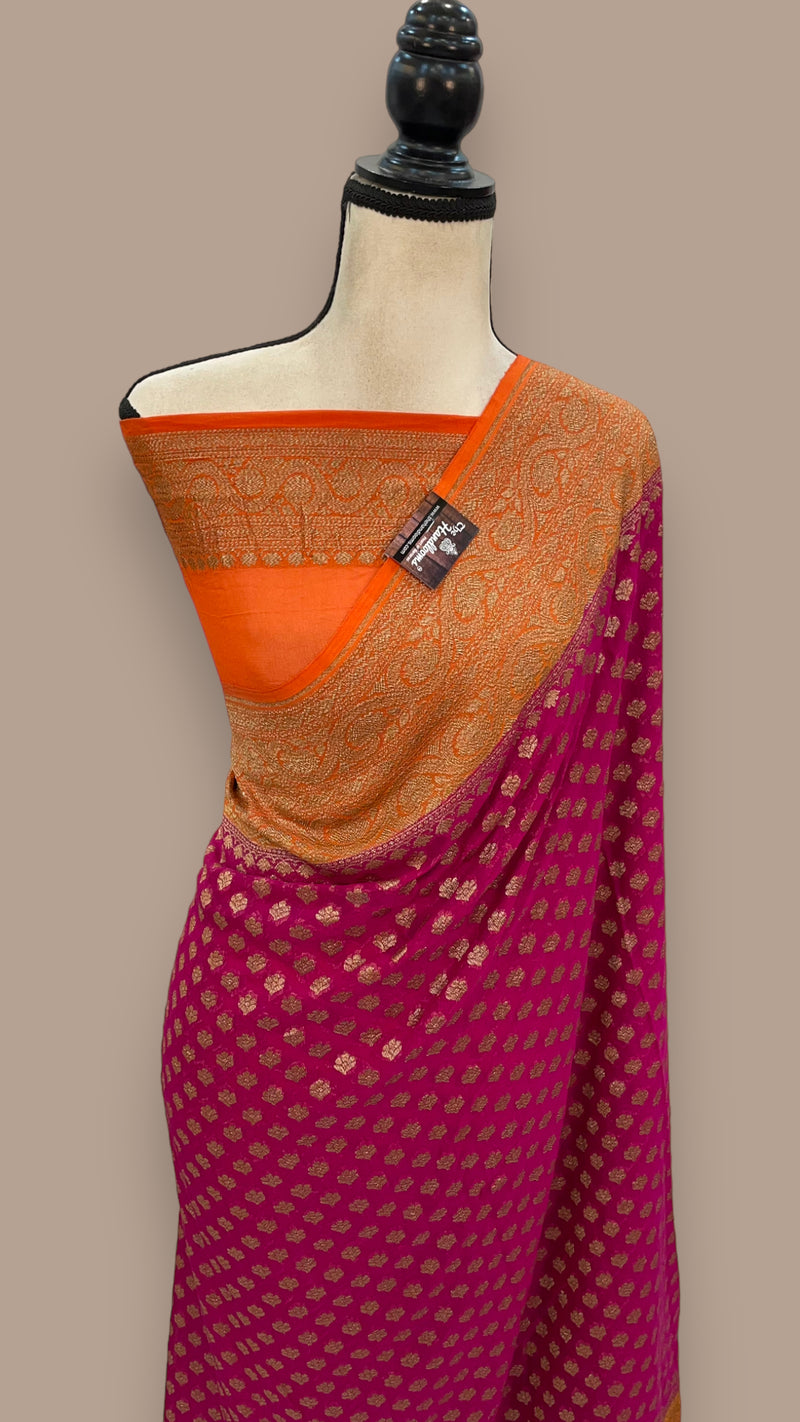 Hot Pink Pure Khaddi Georgette Handloom Banarasi Saree - The Handlooms