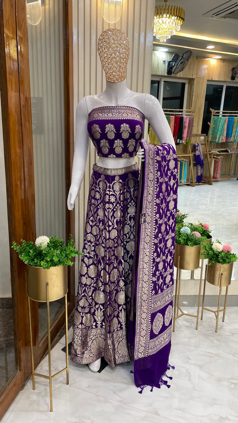 Purple Pure Khaddi Georgette Handloom Banarasi Lehenga - Stitched - The Handlooms