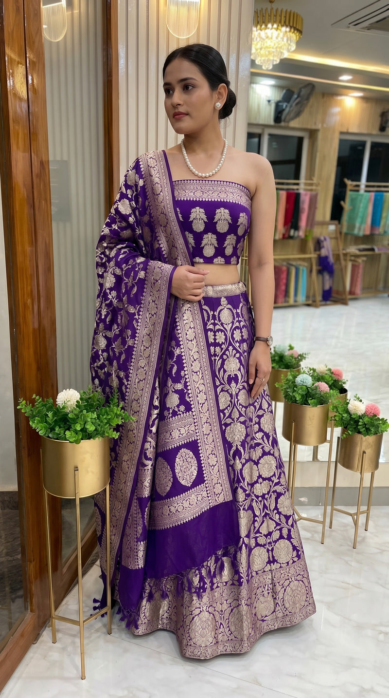 Purple Pure Khaddi Georgette Handloom Banarasi Lehenga - Stitched - The Handlooms