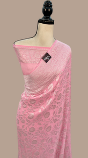 Pink Khaddi Georgette Banarasi Saree with all silver zari jaal work - The Handlooms