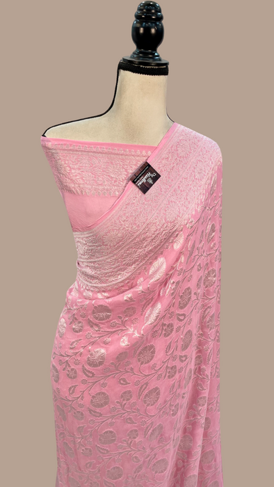 Pink Khaddi Georgette Banarasi Saree with all silver zari jaal work