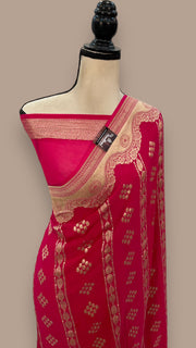 Hot Pink Pure Khaddi Georgette Handloom Banarasi Saree - The Handlooms