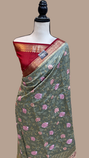 Pure Chiniya Silk Handloom Banarasi Saree With Chikankari - The Handlooms
