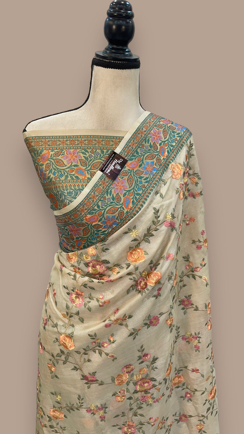 Tussar Silk Handloom Banarasi Saree With Chikankari - The Handlooms