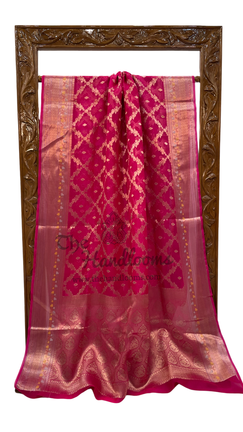Hot Pink Pure Kora Handloom Banarasi Saree - The Handlooms