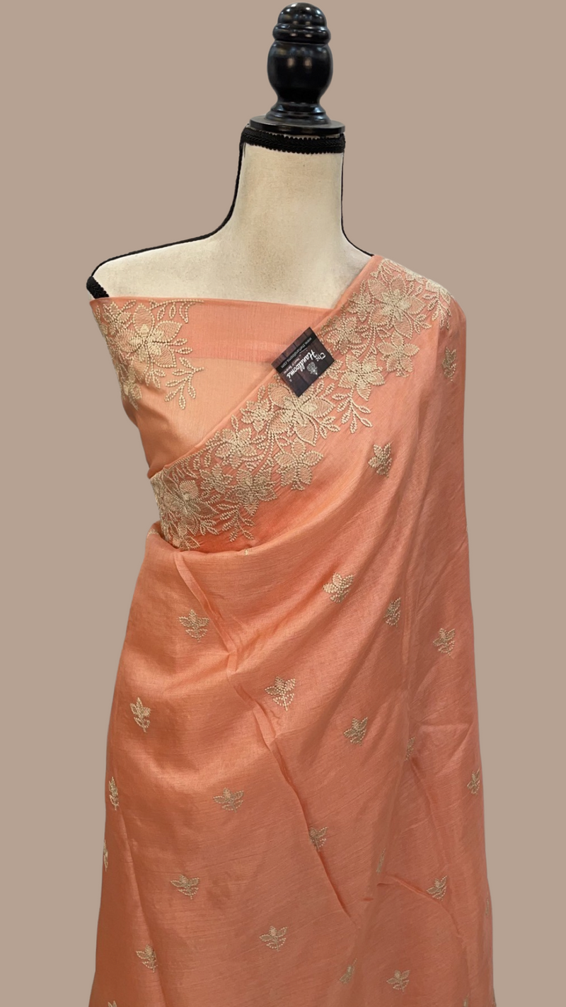 Tussar Silk Handloom Banarasi Saree With Chikankari - The Handlooms