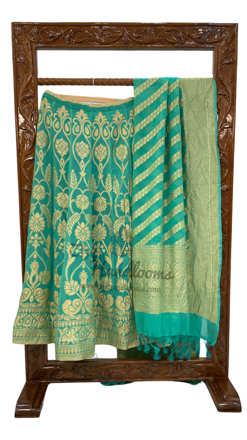 Turquoise Green Pure Khaddi Georgette Handloom Banarasi Lehenga - Stitched - The Handlooms