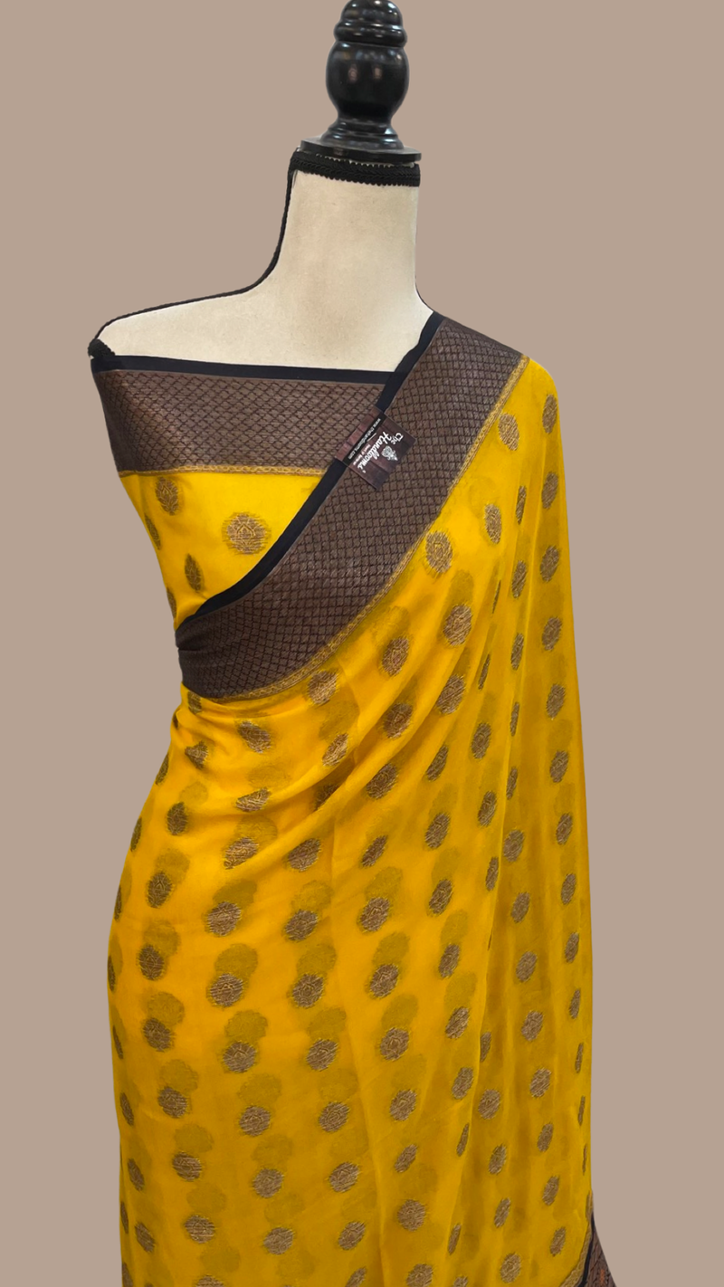Golden Yellow Pure Chiffon Khaddi Banarasi Saree - The Handlooms