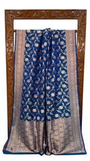 German Blue Pure Katan Silk Banarasi Handloom Saree - All over Sona Roopa Jaal work - The Handlooms