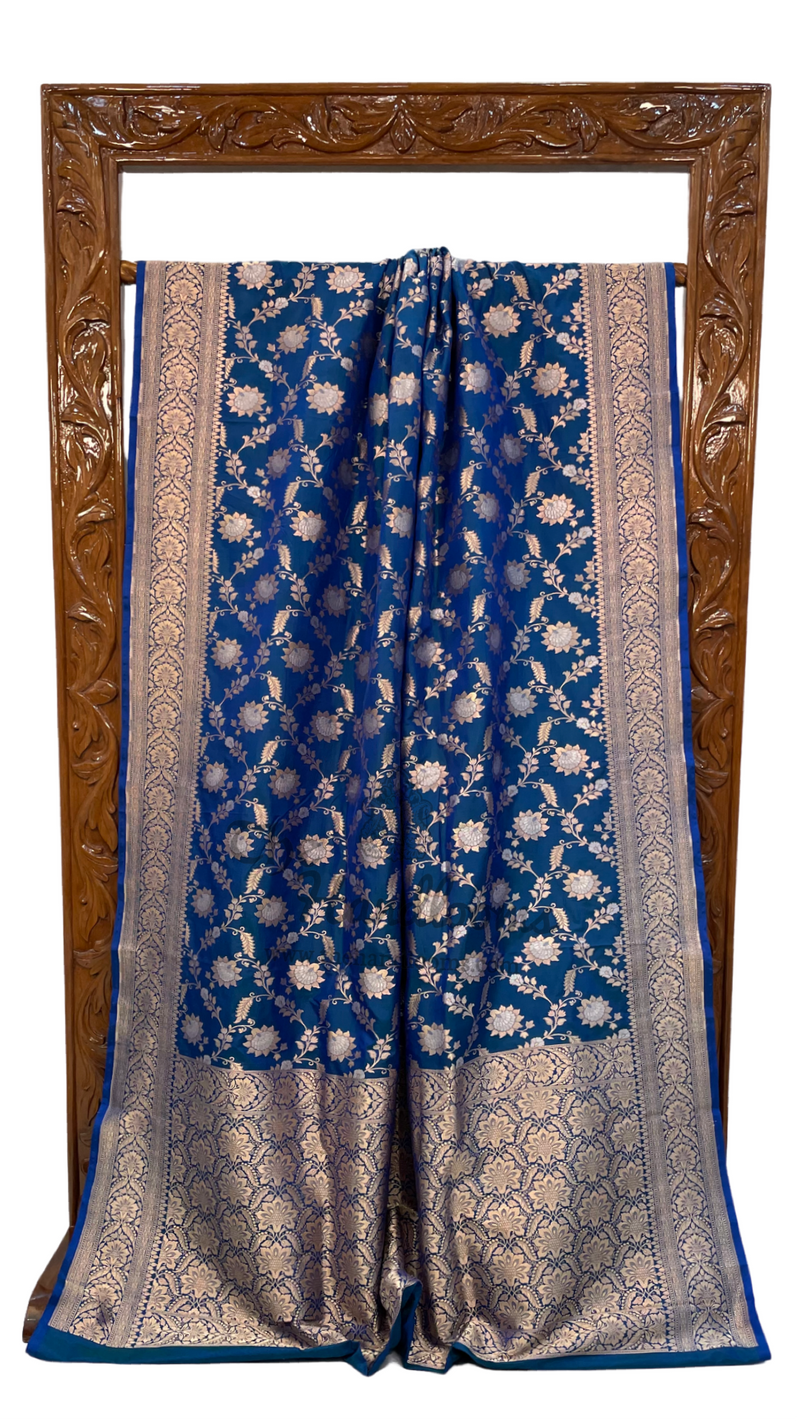 German Blue Pure Katan Silk Banarasi Handloom Saree - All over Sona Roopa Jaal work - The Handlooms