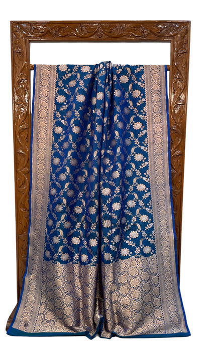 German Blue Pure Katan Silk Banarasi Handloom Saree - All over Sona Roopa Jaal work