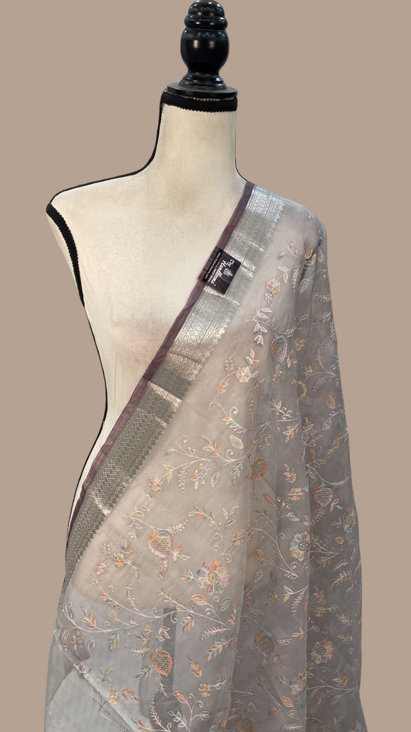 Pure Organza Handloom Banarasi dupatta With Chikankari And Digital Print - The Handlooms