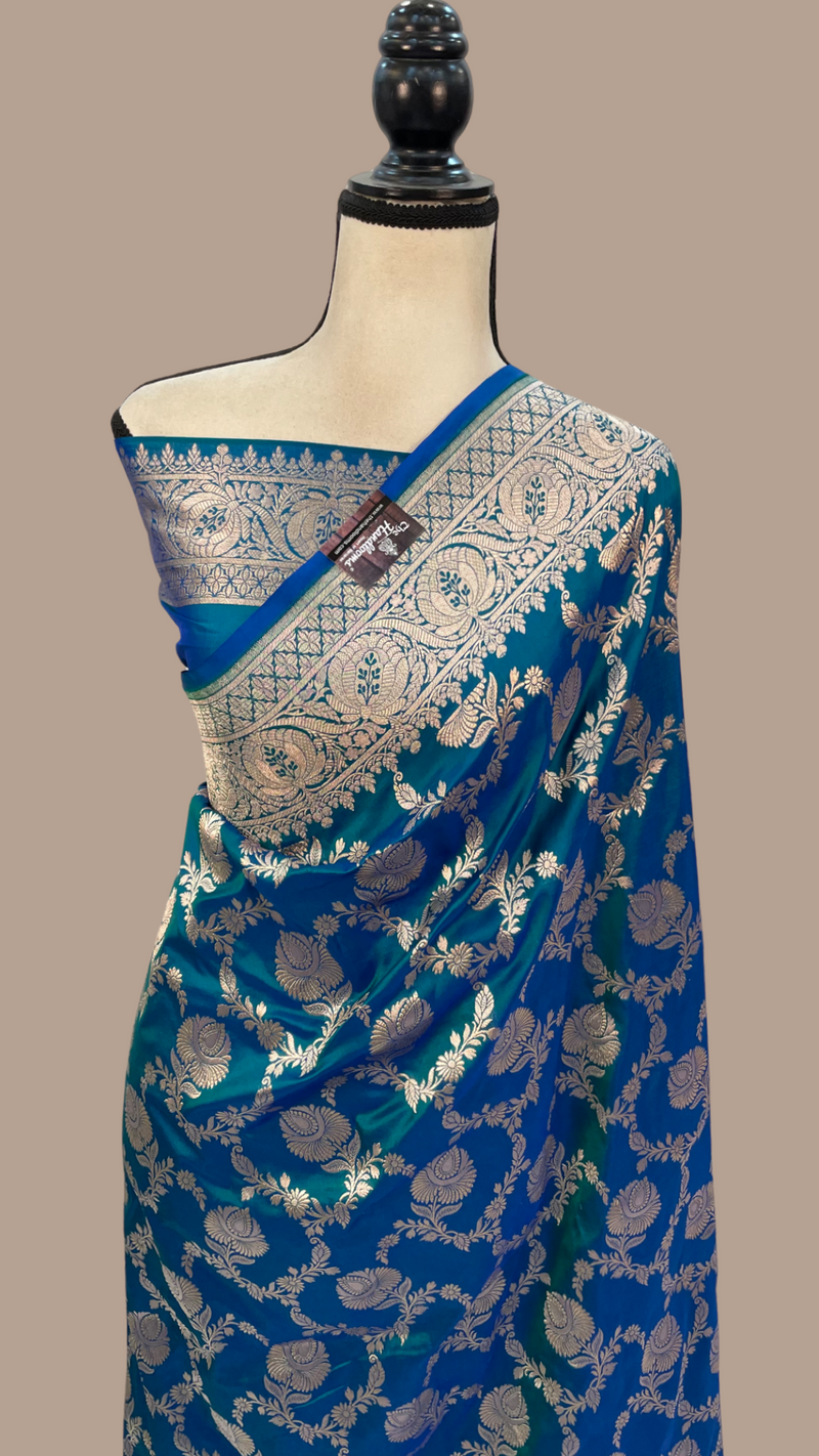 German Blue Pure Katan Silk Banarasi Handloom Saree - All over jaal work - The Handlooms