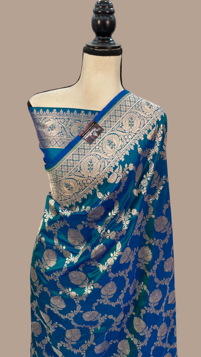 German Blue Pure Katan Silk Banarasi Handloom Saree - All over jaal work