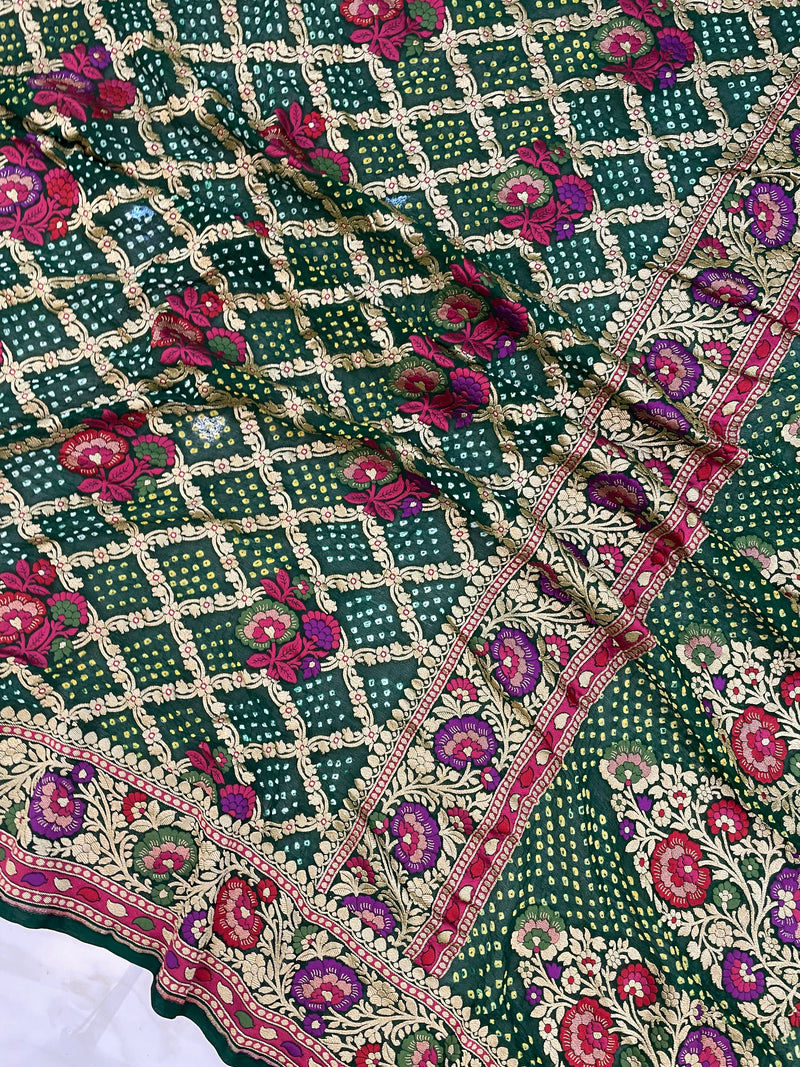 Pure Georgette Banarasi Bandhej Handloom Saree - with meenakari work - The Handlooms