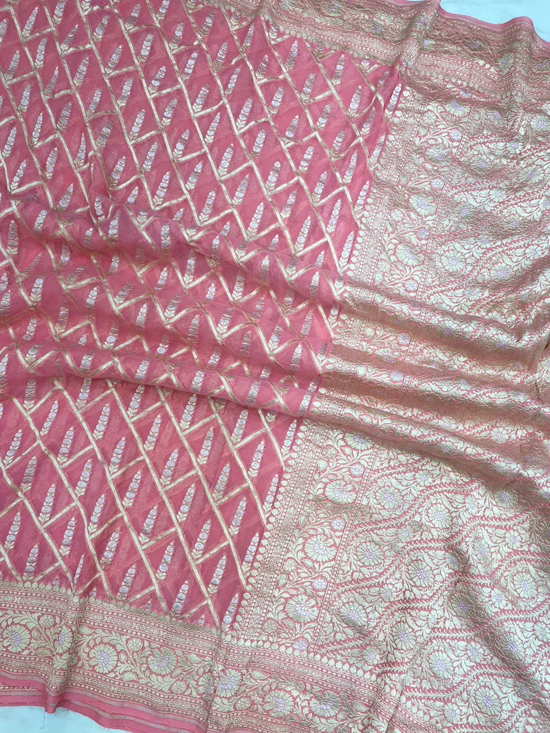 Pink Khaddi Georgette Handloom Banarasi Saree - All over Sona Roopa Jaal Work - The Handlooms