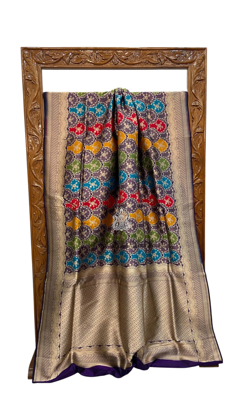 Multicolor Pure Katan Silk Banarasi Handloom Saree - All over Jaal Work With Rangkart