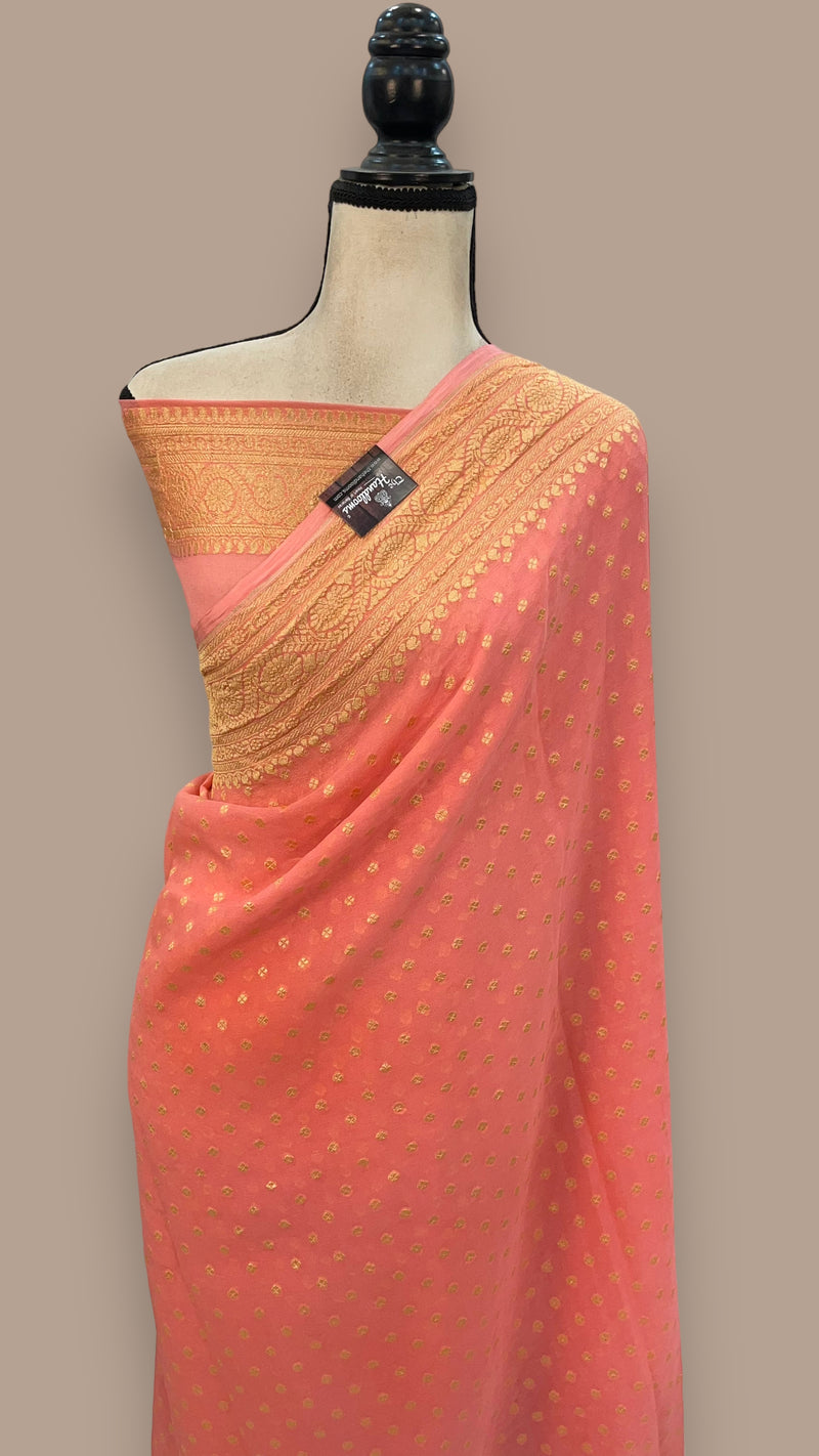 Khaddi Georgette Handloom Banarasi Saree - Gold Zari - The Handlooms
